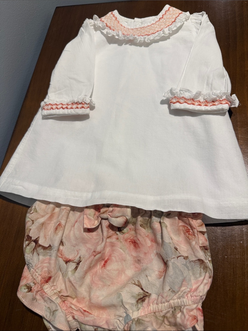 Luli & Me White Top with Coral Smocked Trim and Rose Floral Bloomers